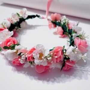 Pink & White Floral Crown with Ribbon Tie – Handmade Flower Headpiece
