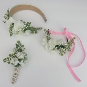 Floral Hair Accessory & Boutonniere Set – White Artificial Flowers
