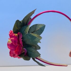 Dark Pink Floral Headband with Green Leaf Accents – Elegant Hair Accessory