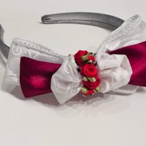 Red & White Bow Headband with Mini Rose Accents – Elegant Hair Accessory