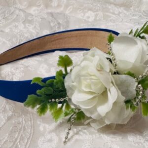 Blue Satin Headband with White Rose & Green Leaf Accents – Elegant Hair Accessory