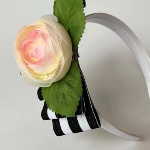 Elegant Rose Flower Headband with Black & White Ribbon