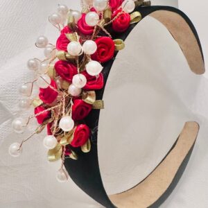 Black Headband with Red Satin Roses & Pearl Accents
