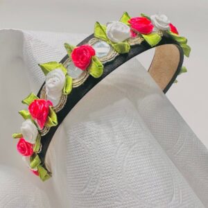 Black Headband with Red & White Satin Roses and Leaf Embroidery