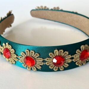 Teal Satin Headband with Golden Floral Embroidery & Red Stones