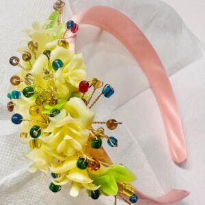Pink Headband with Yellow Flowers & Multicolor Bead Accents