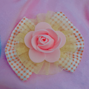 Pink Rose Hair Accessory with Golden Net & Patterned Bow