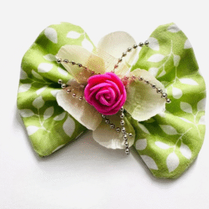 Green Floral Bow Hair Accessory with Pink Rose