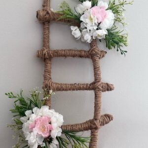 Rustic Jute Ladder with Artificial White & Pink Flowers – Wall Décor